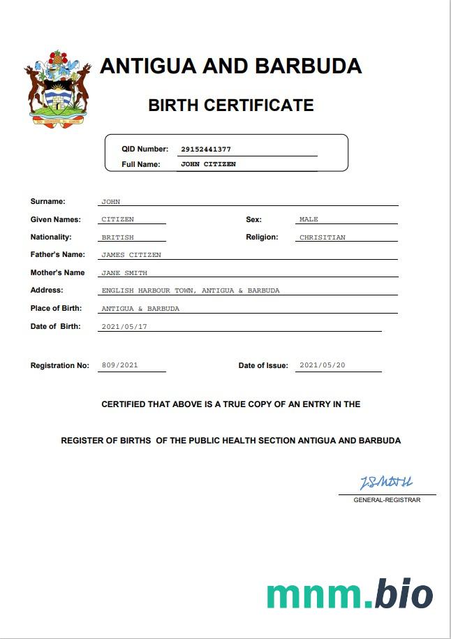 Antigua and Barbuda narodziny certyfikat Word i PDF szablon